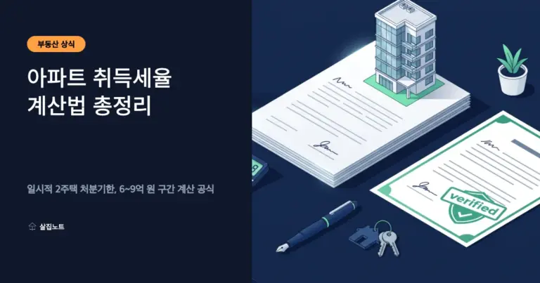 아파트 매매 계약서와 계산기, 상승하는 세율 곡선 그래프, 세금 방패가 놓인 아파트 취득세율 계산법 일러스트