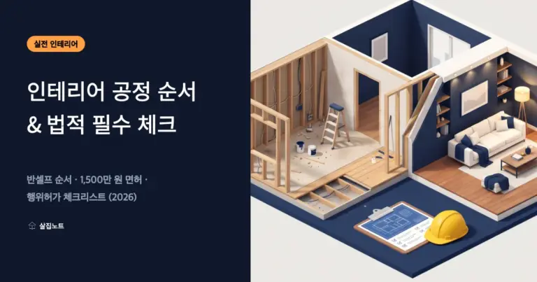 아파트 인테리어 8대 표준 공정 순서와 1,500만 원 실내건축공사업 면허 및 비내력벽 철거 행위허가 체크리스트를 나타낸 3D 단면 일러스트