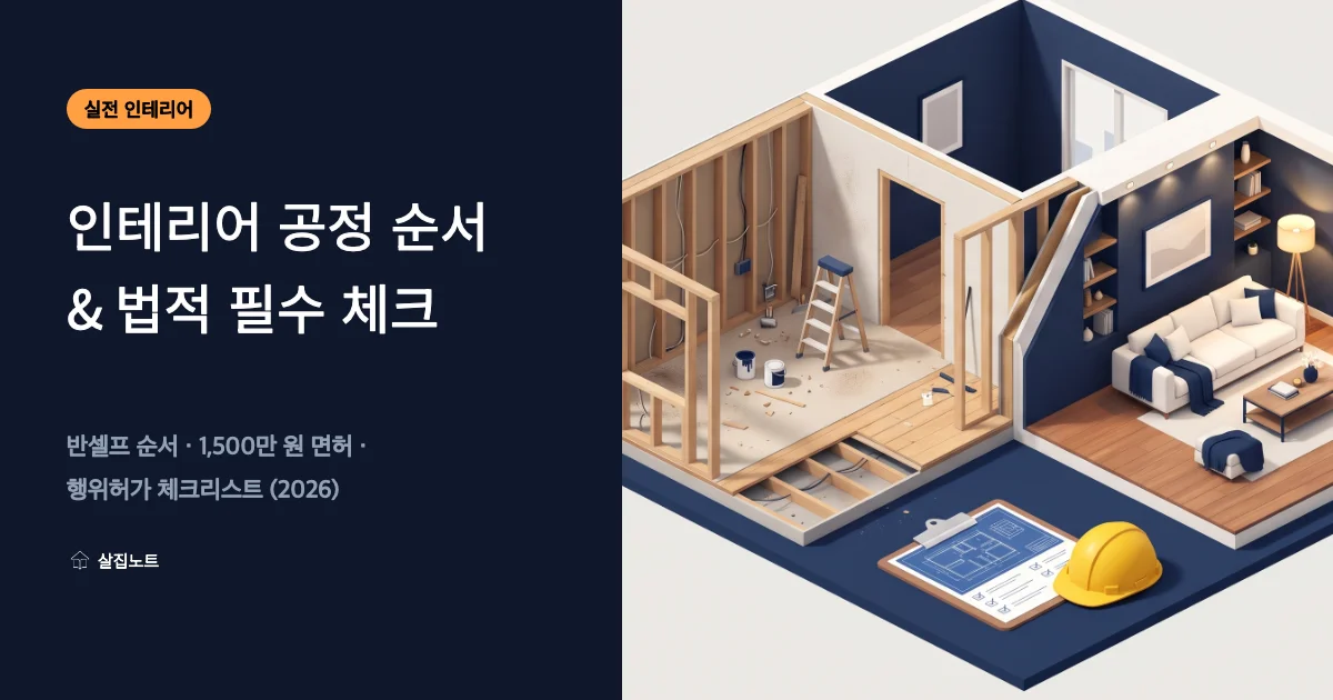 아파트 인테리어 8대 표준 공정 순서와 1,500만 원 실내건축공사업 면허 및 비내력벽 철거 행위허가 체크리스트를 나타낸 3D 단면 일러스트