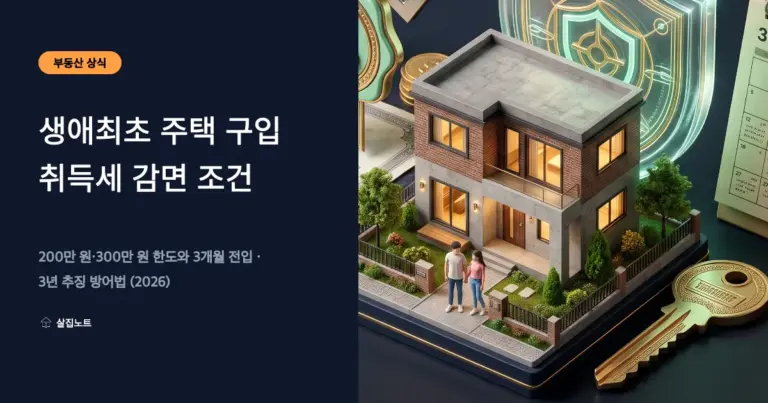 신혼부부의 첫 집과 황금 열쇠, 취득세 감면 서류, 3개월 달력 아이콘, 보호 방패가 어우러진 생애최초 취득세 감면 조건 일러스트