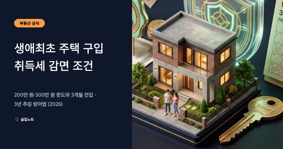 신혼부부의 첫 집과 황금 열쇠, 취득세 감면 서류, 3개월 달력 아이콘, 보호 방패가 어우러진 생애최초 취득세 감면 조건 일러스트