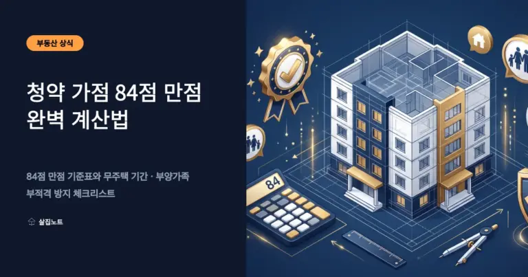 청약 가점 84점 계산기와 아파트 도면, 가족 아이콘, 체크 방패가 어우러진 청약 가점 계산법 일러스트