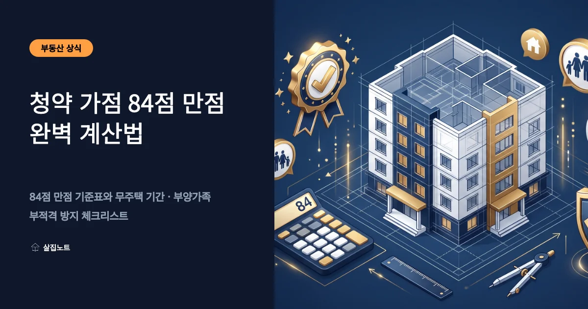 청약 가점 84점 계산기와 아파트 도면, 가족 아이콘, 체크 방패가 어우러진 청약 가점 계산법 일러스트