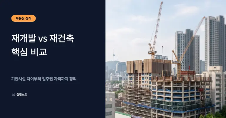 재개발과 재건축의 도정법상 정비기반시설 및 사업 성격 차이를 정리한 비교 인포그래픽 썸네일