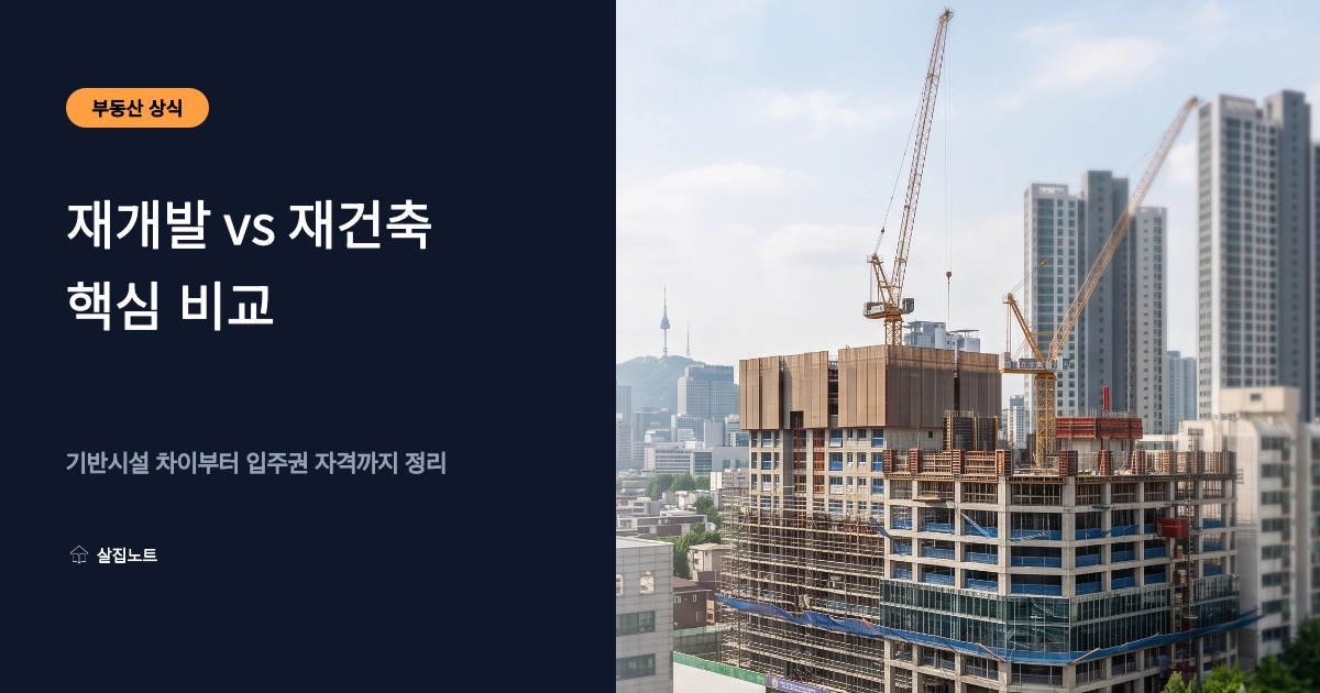 재개발과 재건축의 도정법상 정비기반시설 및 사업 성격 차이를 정리한 비교 인포그래픽 썸네일