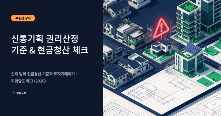 서울시 신속통합기획 재개발 권리산정기준일과 신축 빌라 현금청산 주의를 나타낸 노후 주거지·고층 아파트 일러스트