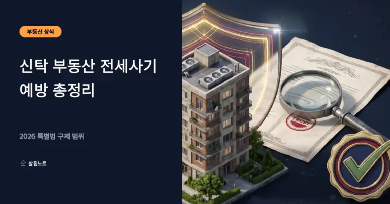 등기부등본 갑구의 신탁등기를 돋보기로 확인하고 방패가 건물을 지키는 신탁 부동산 전세사기 예방 일러스트
