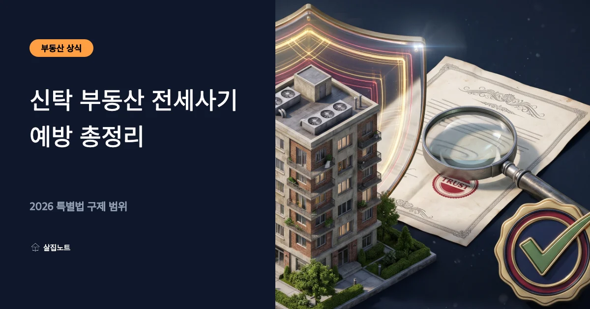 등기부등본 갑구의 신탁등기를 돋보기로 확인하고 방패가 건물을 지키는 신탁 부동산 전세사기 예방 일러스트